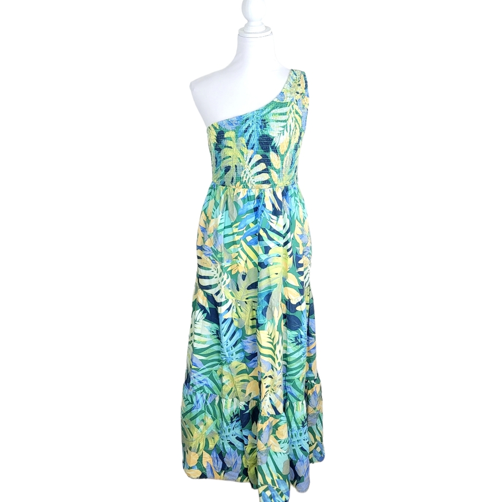 Dress Womens Large 12 14 Green Blue Yellow Maxi One Shoulder Summer Tiered